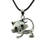 Natural Crystal Cat Pendant Necklace, Silver Alloy Frame Gemstone Charm, Healing Jewelry for Cat Lovers