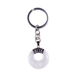 Natural Gemstone Donut Keychain Antique Silver Crown Bail Peace Circle Crystal Key Ring Reiki Healing Stone Key Chain Charm Bag Purse Hanging Ornament