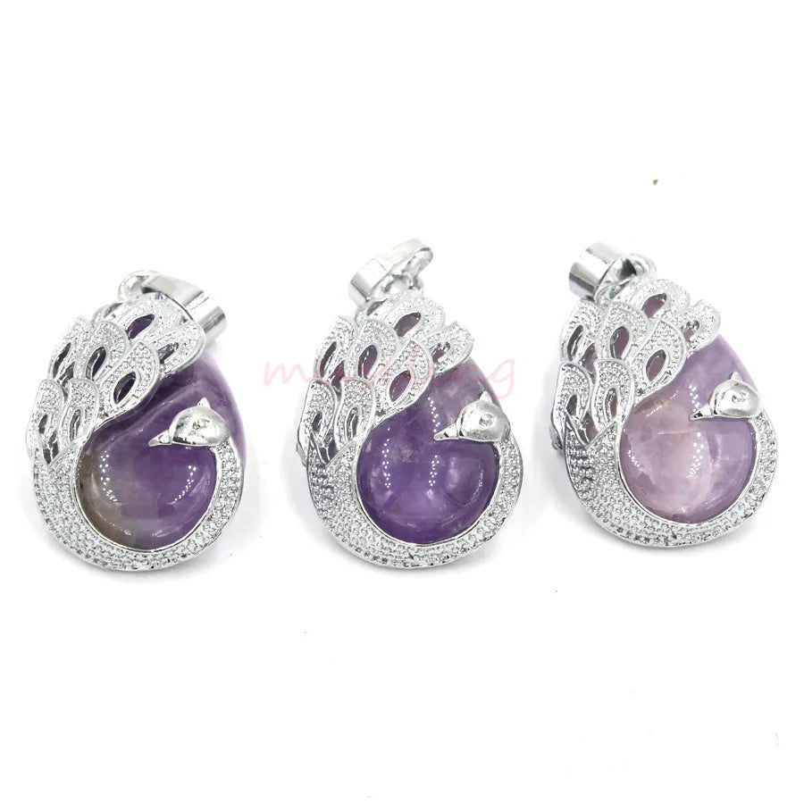 Peacock Filigree Teardrop Natural Crystal Pendant, Silver‑Tone Alloy Wrapped Water Drop Gemstone Pendant for Necklace Jewelry Making