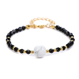 4mm Faceted Black Crystal Beaded Bracelet with 10mm Natural Stone Center Bead Gold Plated Adjustable Extension Chain Chakra Healing Bracelet for Women