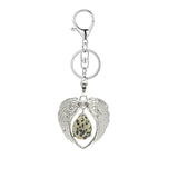 Silver Angel Wings Heart Keyring - Natural Stone Teardrop Crystal Keychain for Purse, Backpack, Handbag, Car Keys