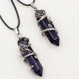 Vintage Rose Wrapped Crystal Pendant Necklace • Hexagonal Bullet Stone Charm • Boho Black Cord Healing Quartz Spiritual Jewelry