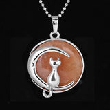 Round Natural Gemstone Pendant Silver Tone Crescent Moon Cat Crystal Charm for DIY Jewelry Making Necklace Craft Supplies