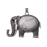 Retro Hollow Pattern Elephant Natural Stone Pendant, Vintage Alloy Lucky Elephant Charm, Healing Crystal Reiki Meditation Amulet for Handmade Necklace
