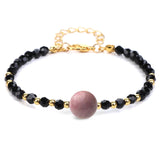 4mm Faceted Black Crystal Beaded Bracelet with 10mm Natural Stone Center Bead Gold Plated Adjustable Extension Chain Chakra Healing Bracelet for Women