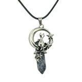 Gothic Star Moon Cat Crystal Necklace, Natural Gemstone Hexagonal Point Pendant, Vintage Silver Crescent Moon Choker with Black Cord for Women