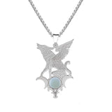 Stainless Steel Flying Wolf Pendant Necklace - Mythical Creature Jewelry with Natural Agate Stone - Gothic Punk Style for Men