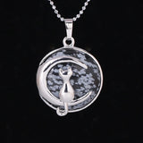 Round Natural Gemstone Pendant Silver Tone Crescent Moon Cat Crystal Charm for DIY Jewelry Making Necklace Craft Supplies