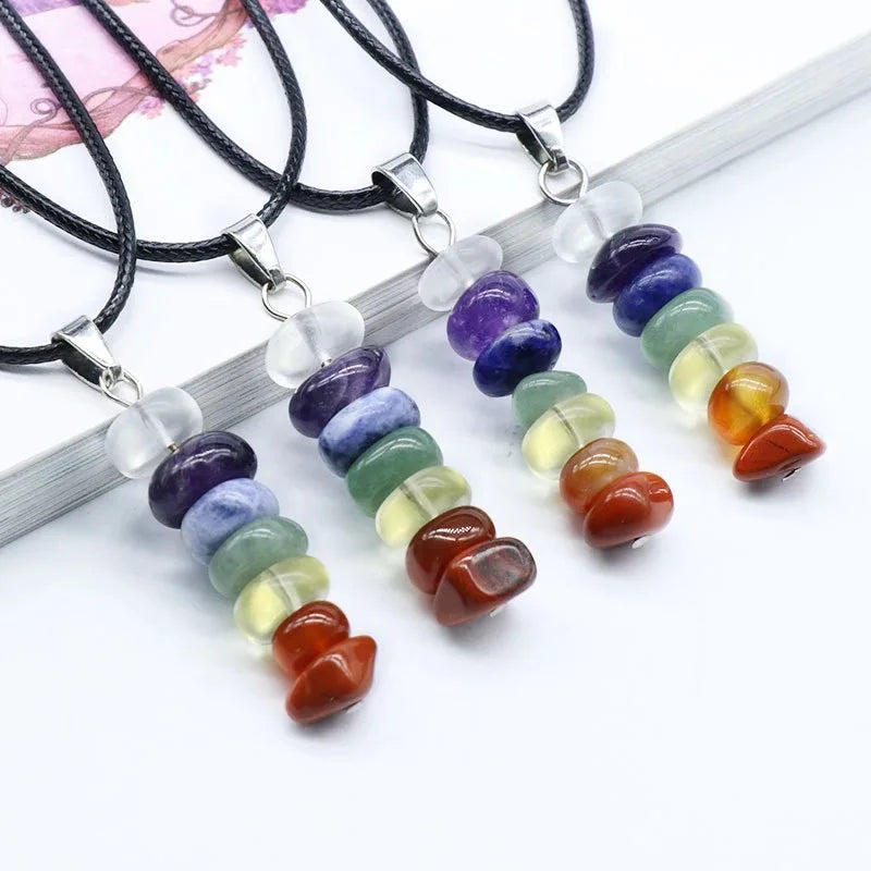 7 Chakra Tumbled Stones Pendant Necklace, Natural Gemstone Chip Beads Pendant, Reiki Healing Energy Crystal Necklace With Adjustable Black Wax Rope for Meditation Spiritual Jewelry Gift