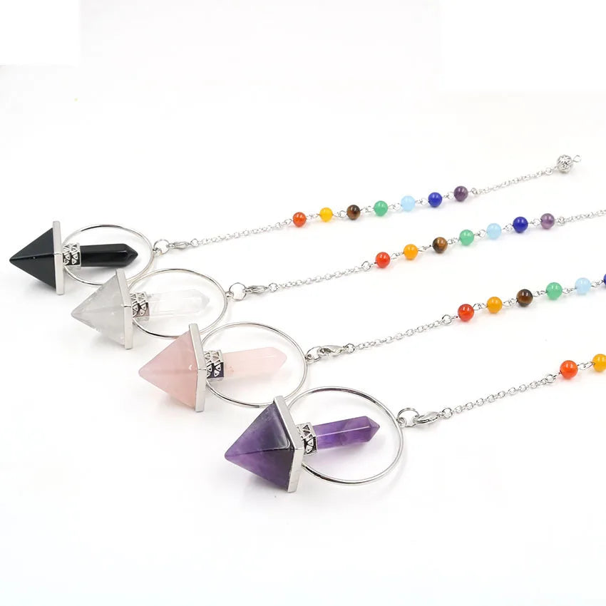 Natural Crystal Pyramid Pendulum, 7 Chakra Beaded Chain Dowsing Pendulum, Reiki Healing Divination Spiritual Crystal Pendant for Meditation
