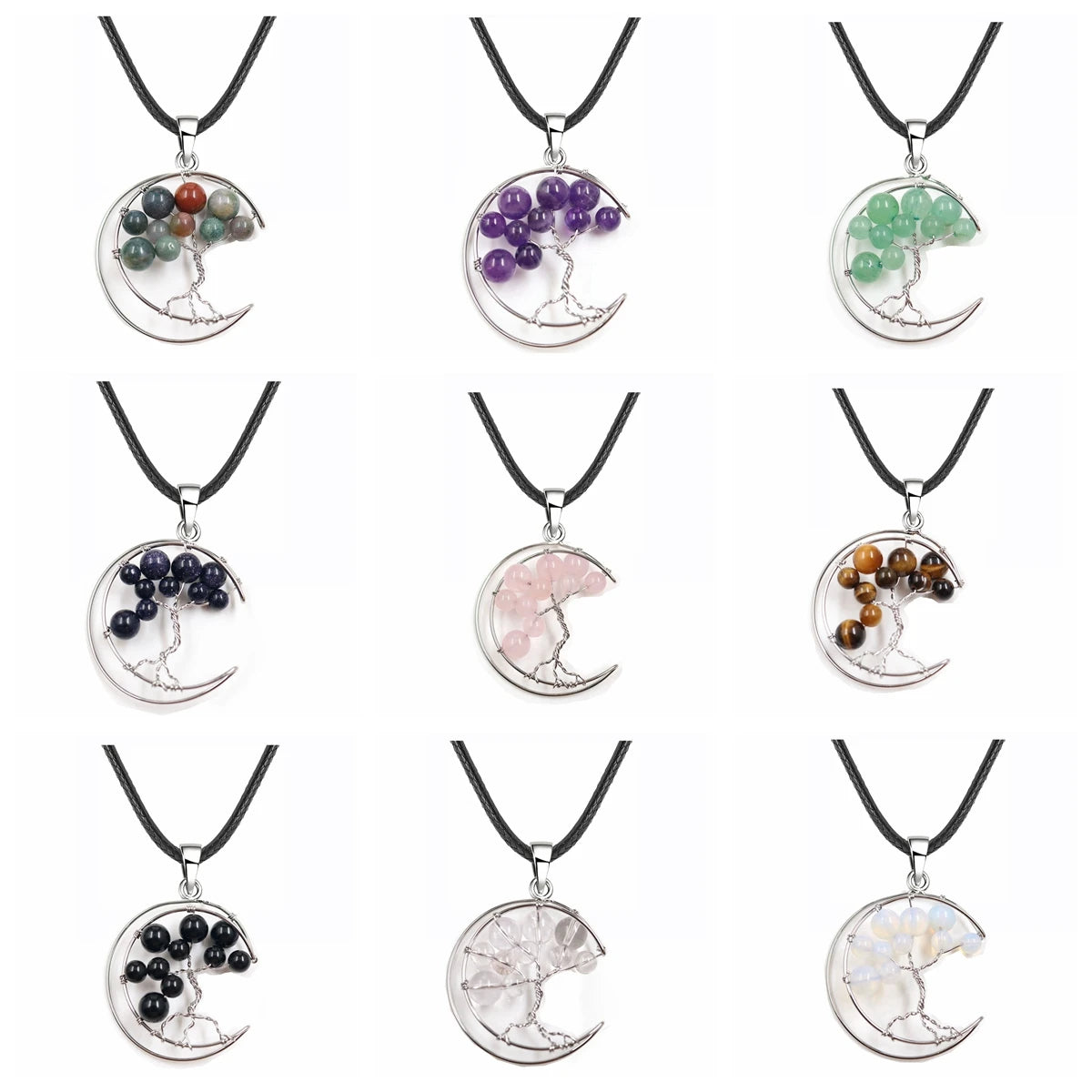 Crescent Moon Tree of Life Pendant Necklace, Natural Crystal Gemstone Chakra Healing Stone Necklace, Handmade Wire Wrapped Crystal Life Tree Jewelry Gift for Women