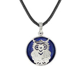 Owl Hollow Pendant Necklace, Silver Plated Natural Crystal Inlay Black Wax Cord Wisdom Symbol Necklace