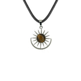 Vintage Sun Burst Crystal Pendant Necklace - Natural Gemstone Leather Cord Choker