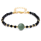 4mm Faceted Black Crystal Beaded Bracelet with 10mm Natural Stone Center Bead Gold Plated Adjustable Extension Chain Chakra Healing Bracelet for Women