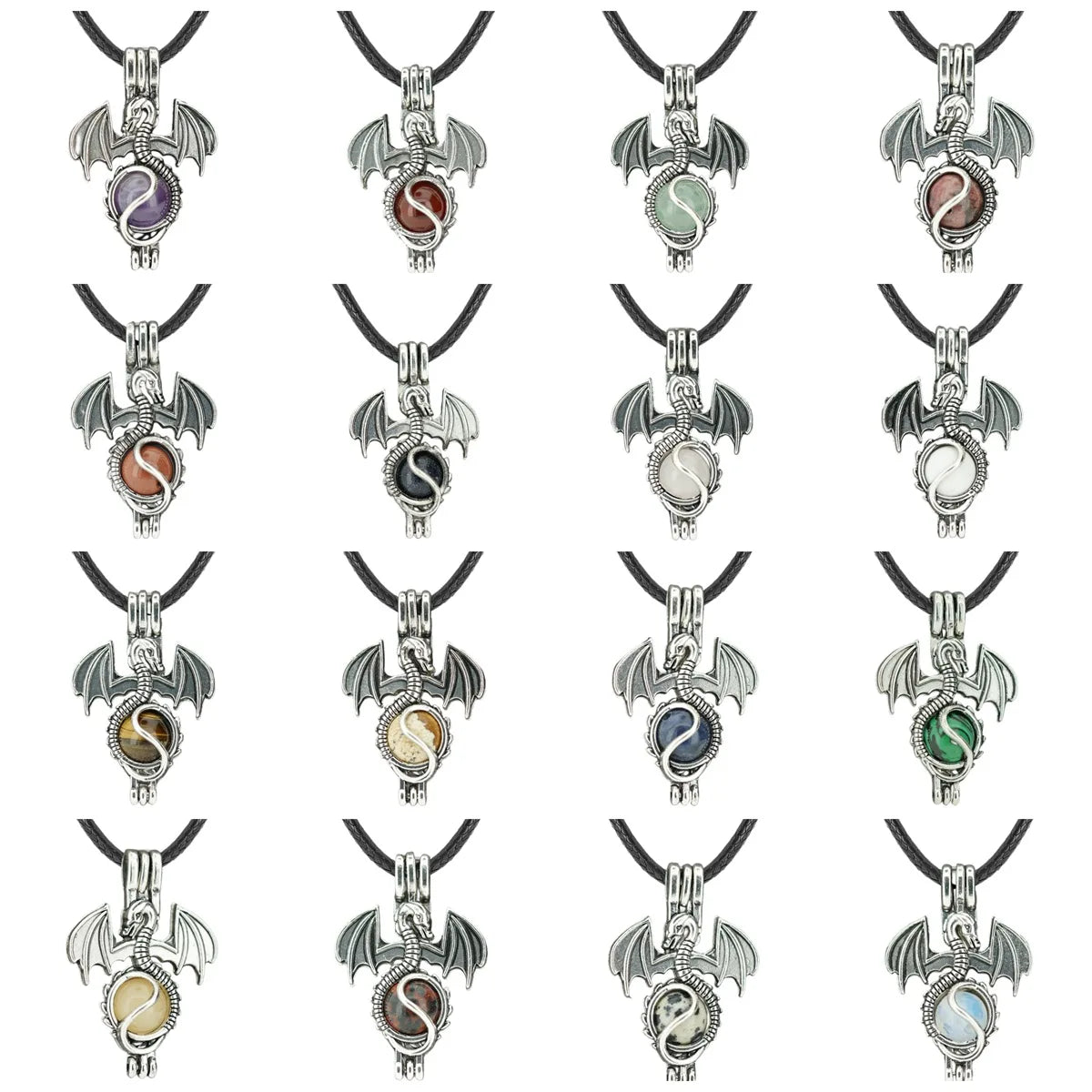 Gothic Stainless Steel Pterosaur Dragon Crystal Holder Necklace • Antique Silver Gemstone Ball Urn Pendant • Unisex Retro Punk Jewelry