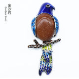Enamel Bird Parrot Natural Gemstone Pendant, Colorful Enamel Alloy Bird On Branch Inlaid Oval Cabochon Crystal Pendant, Chakra Reiki Healing DIY Necklace Jewelry Charm
