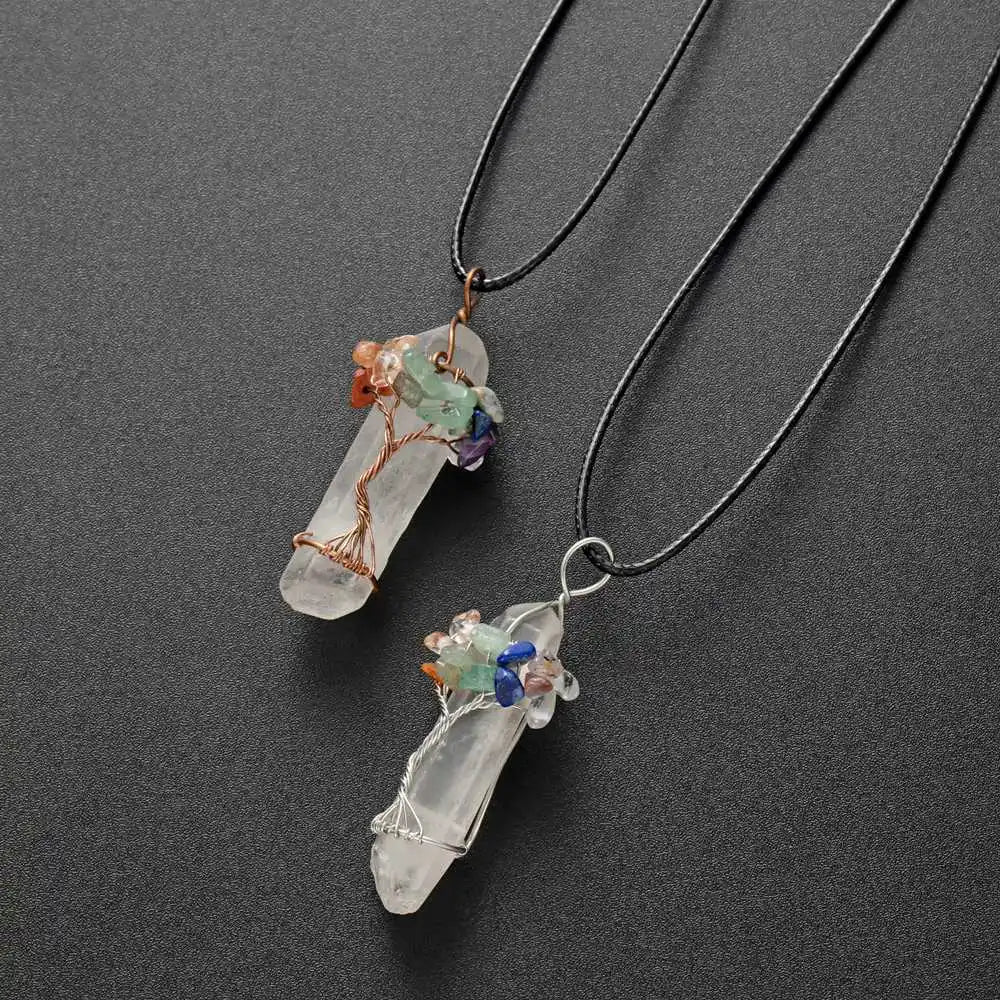 Newest Selling Gold Plated Chakra Gemstone Tree Life Pendant Necklace Natural Clear Quartz Healing Crystal Mother's Day Gift