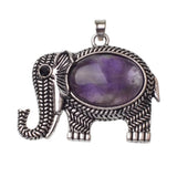 Retro Hollow Pattern Elephant Natural Stone Pendant, Vintage Alloy Lucky Elephant Charm, Healing Crystal Reiki Meditation Amulet for Handmade Necklace