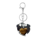 Vintage Silver Dragon Heart Crystal Keyring | Natural Stone Healing Quartz Pterosaur Charm Keychain for Purse, Backpack, Car Keys
