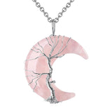 Natural Stone Tree of Life Moon Necklace • Silver Wire Wrapped Crescent Moon Crystal Pendant • Healing Chakra Celestial Jewelry Gift for Women Men