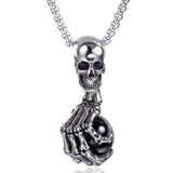 Gothic Skull & Skeleton Hand Blue Crystal Ball Pendant Necklace for Men • Stainless Steel Vintage Punk Jewelry