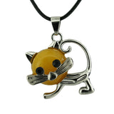 Natural Crystal Cat Pendant Necklace, Silver Alloy Frame Gemstone Charm, Healing Jewelry for Cat Lovers