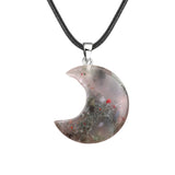 Natural Crescent Moon Necklace - Healing Crystal Moon Pendant with Black Leather Cord - Spiritual Reiki Jewelry for Women & Men