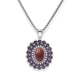 Vintage Stainless Steel Mandala Disc Pendant Necklace - Natural Picture Jasper Stone - Western Retro Flower Pendant for Men & Women