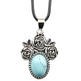 Silver Rose Flower Oval Gemstone Necklace 45CM Black Cord SN1503  10X14mm Stone Cab Pendant Jewelry