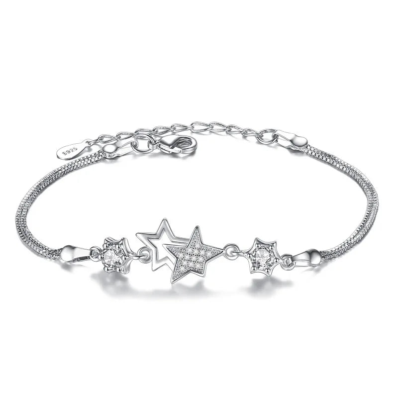 S925 Silver Double Star Charm Bracelet for Women, Micro Paved CZ Zircon Crystal Box Chain Adjustable Bracelet, Elegant Ladies Fashion Jewelry Gift