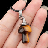 3cm Natural Crystal Mushroom Pendant Necklace | Silver-Plated Witch Hat Gemstone Charm with Black Cord