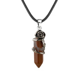 Vintage Rose Wrapped Crystal Pendant Necklace • Hexagonal Bullet Stone Charm • Boho Black Cord Healing Quartz Spiritual Jewelry