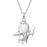 Angel Holding Natural Crystal Ball Pendant Necklace, Silver‑Plated Metal Angel Figurine Spherical Gemstone Charm Reiki Healing Spiritual Jewelry for Women Gift