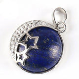 Moon & Star Celestial Natural Gemstone Round Pendant, Silver‑Tone Hollow Star Crescent Moon Frame Crystal Stone Charm for Handmade Necklaces