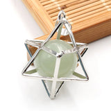 Merkaba Star Cage Natural Sphere Crystal Pendant Necklace, Silver‑Tone Metal Hollow Star Frame with Round Gemstone Bead Reiki Chakra Healing Necklace for Women
