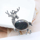 Vintage Deer Stag Natural Crystal Pendant, Antique Silver Alloy Animal Elk Inlaid Oval Cabochon Gemstone Pendant, Chakra Reiki Healing DIY Necklace Jewelry Making Charm