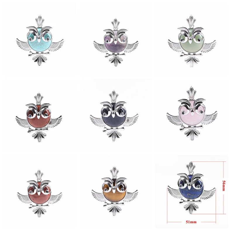 Vintage Silver Plated Owl Pendant Natural Round Gemstone Stone Wisdom Owl Charm Chakra Reiki Healing Crystal Pendant for Necklace DIY Jewelry