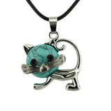 Natural Crystal Cat Pendant Necklace, Silver Alloy Frame Gemstone Charm, Healing Jewelry for Cat Lovers