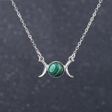 Triple Moon Goddess Natural Crystal Necklace, Silver Plated Triple Crescent Moon Pendant Round Cabochon Gemstone Necklace Reiki Chakra Healing Wicca Spiritual Jewelry for Women