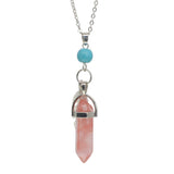 Natural Crystal Point Pendant Necklace with Feather Charm, Hexagonal Gemstone Bullet Point Necklace with Turquoise Bead, Healing Chakra Crystal Jewelry for Women
