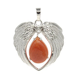Natural Crystal Angel Wings Pendant | Teardrop Gemstone Heart Amulet Charm | Silver Alloy Feather Wing Quartz Droplet Jewelry Findings for DIY Making