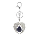 Silver Angel Wings Heart Keyring - Natural Stone Teardrop Crystal Keychain for Purse, Backpack, Handbag, Car Keys