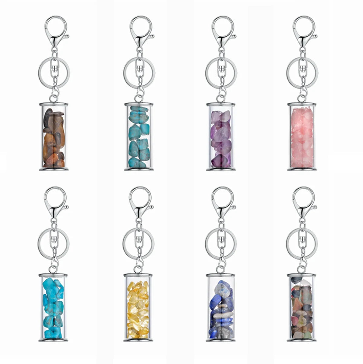 Handmade Gemstone Gravel Glass Bottle Key Chain, Assorted Natural Crushed Crystal Chips Wishing Vial Keyring Spiritual Energy Bag Accessory