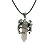 Gothic Winged Dragon Hexagonal Crystal Point Necklace, Vintage Silver Pterosaur Column Pendant, Punk Minimalist Protection Amulet with Black Rope Cord for Men & Women