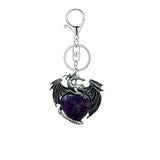 Vintage Silver Dragon Heart Crystal Keyring | Natural Stone Healing Quartz Pterosaur Charm Keychain for Purse, Backpack, Car Keys