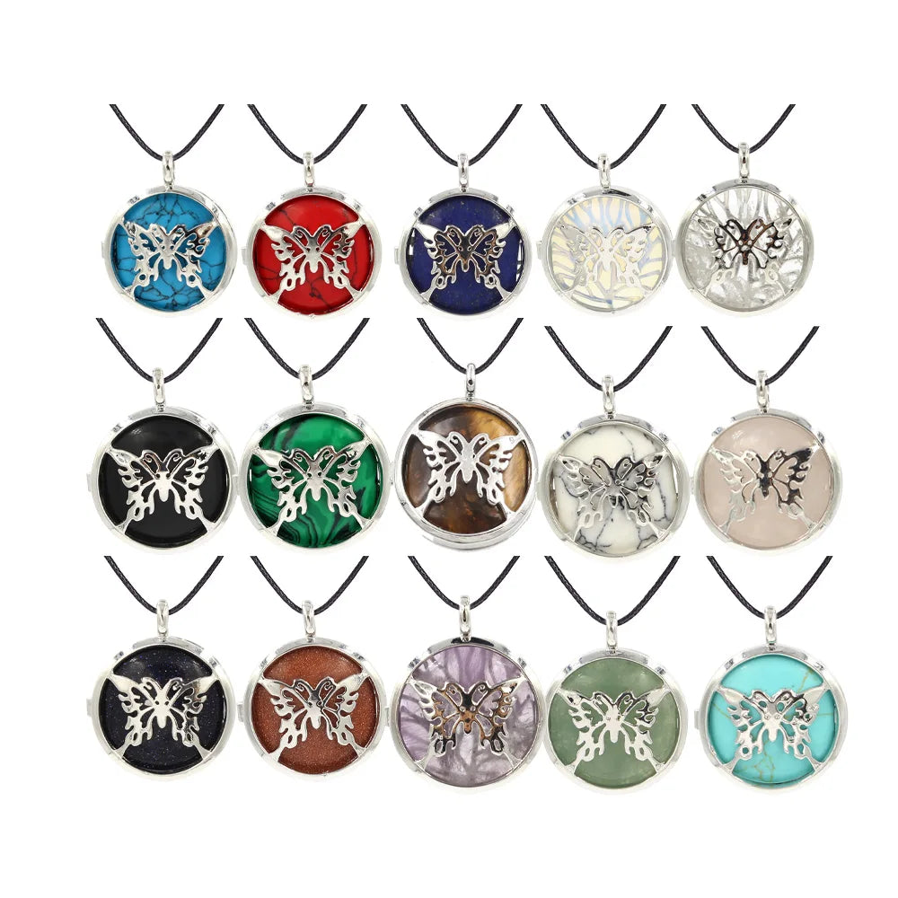 Butterfly Rebirth Symbol Crystal Necklace, Natural Healing Stone Hollow Butterfly Charm Pendant, Birthday Gift Jewelry for Ladies