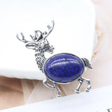 Vintage Deer Stag Natural Crystal Pendant, Antique Silver Alloy Animal Elk Inlaid Oval Cabochon Gemstone Pendant, Chakra Reiki Healing DIY Necklace Jewelry Making Charm