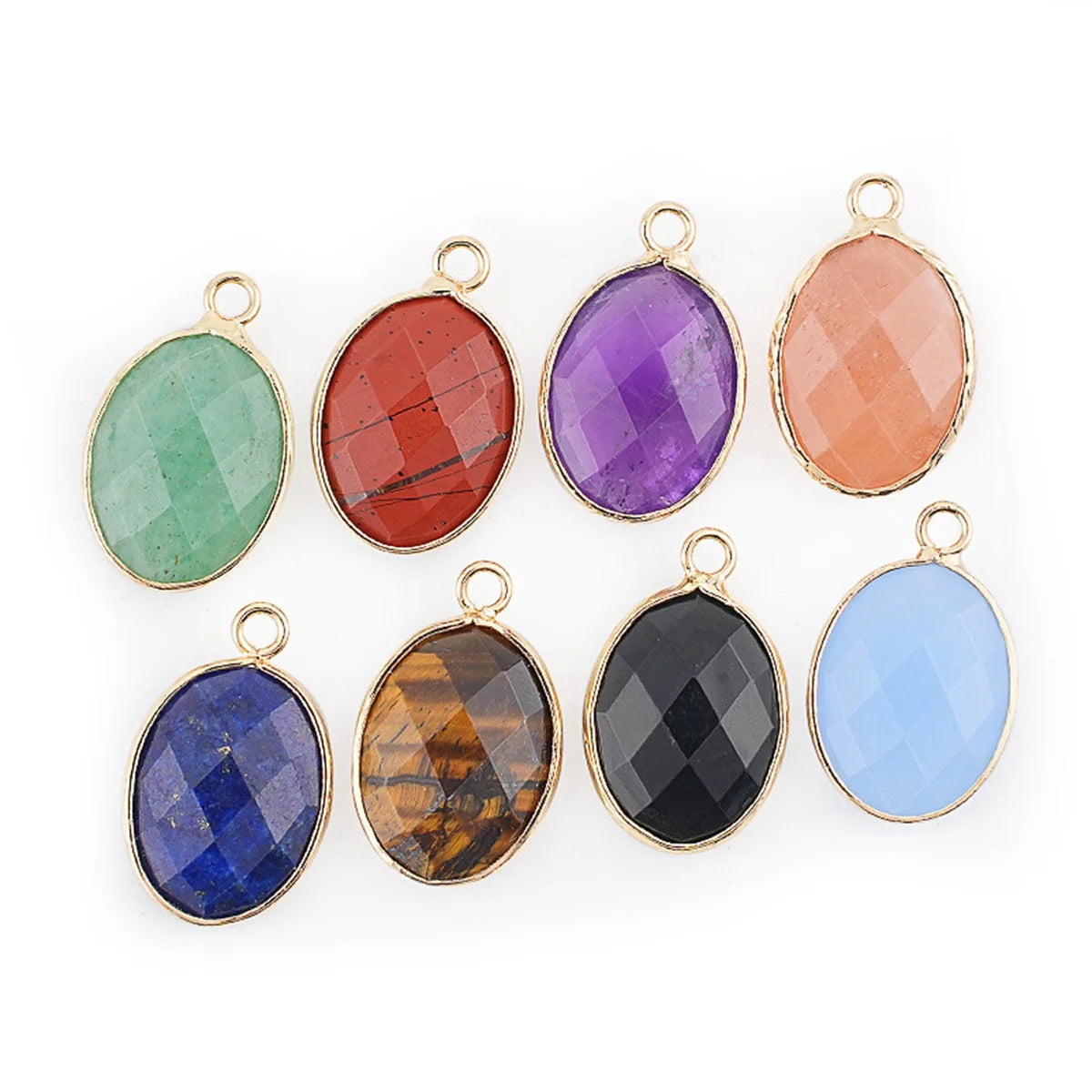 Oval Faceted Natural Gemstone Pendant Charms Gold Plated Bezel Wrapped Crystal Pendant for Jewelry Making DIY Necklace Earrings