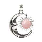 Natural Crystal Sun and Moon Pendant | Celestial Crescent Moon Gemstone Charm | Silver Alloy Sunburst Quartz Cabochon Jewelry Findings for DIY Making