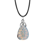 Polished Teardrop Natural Crystal Stone Necklace, Silver Wire Wrapped Gem Pendant with Wax Cord Multi‑Color Variants Chakra Reiki Meditation Neck Jewelry